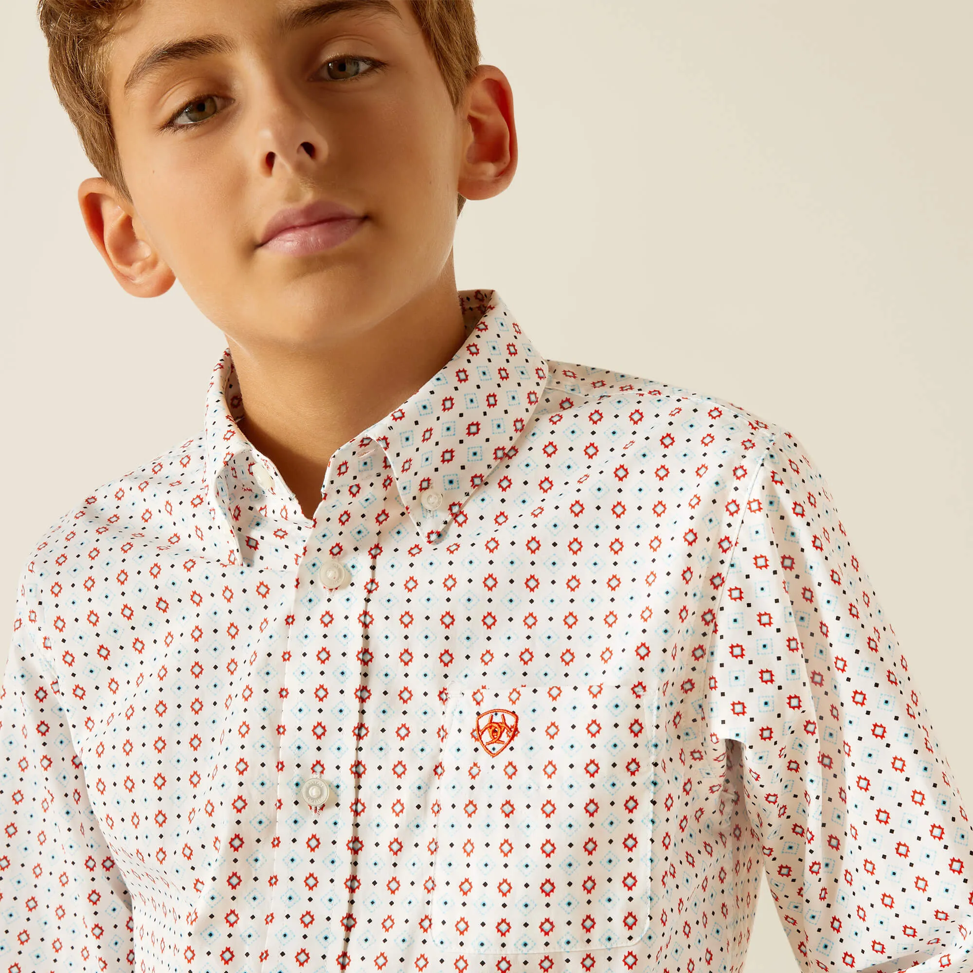 Ariat Boy's Kade Classic Button Down Shirt in White/SW Geometric