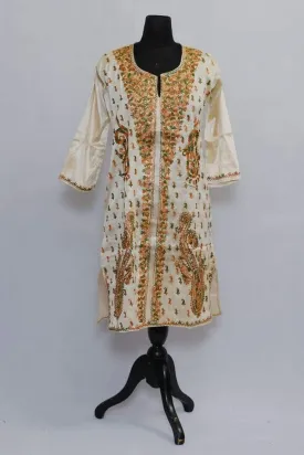 Ecru Beige Colour Aari Work Kurti With Multi Colour Aari Work Neckline