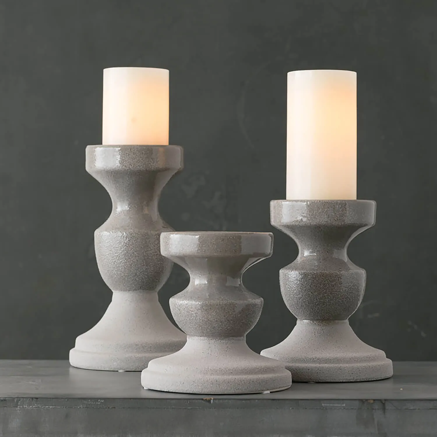 Gray Rustic Two-Toned Ceramic Candle Holder Set