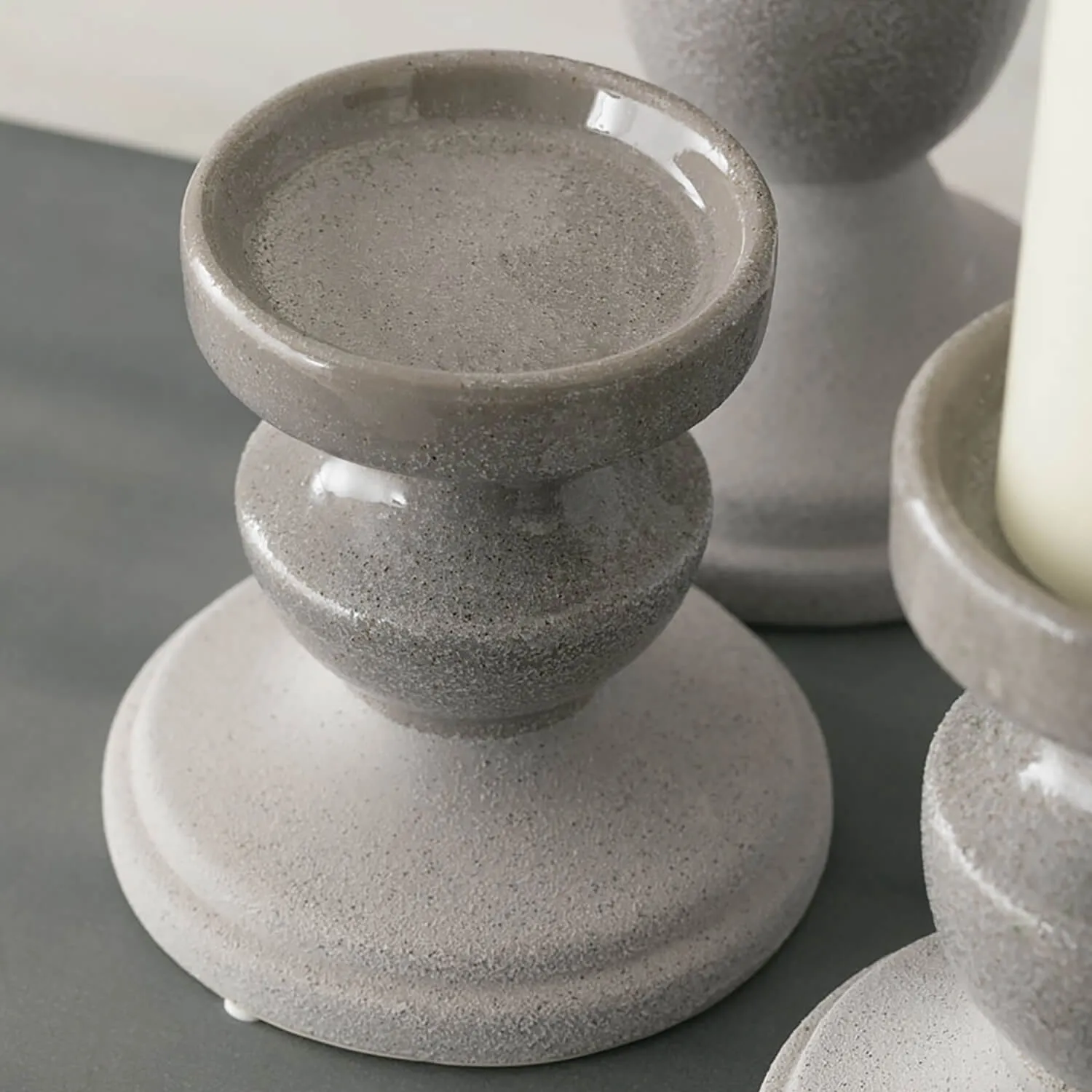 Gray Rustic Two-Toned Ceramic Candle Holder Set