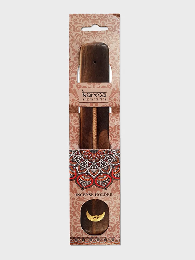 Namaste Karma Scents Brass Inlay Mango Wood Incense Ash Catcher Holder - Moon