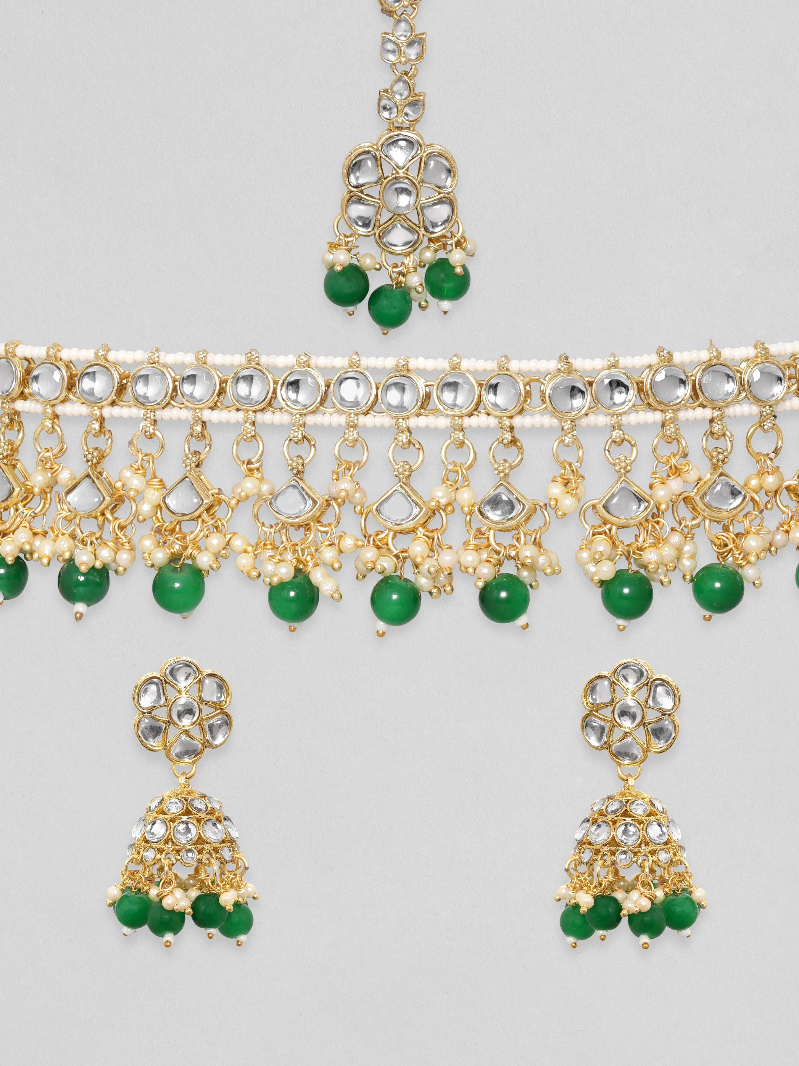 Rubans 24K Gold Plated Kundan Studded Green Beaded Jewellery Set