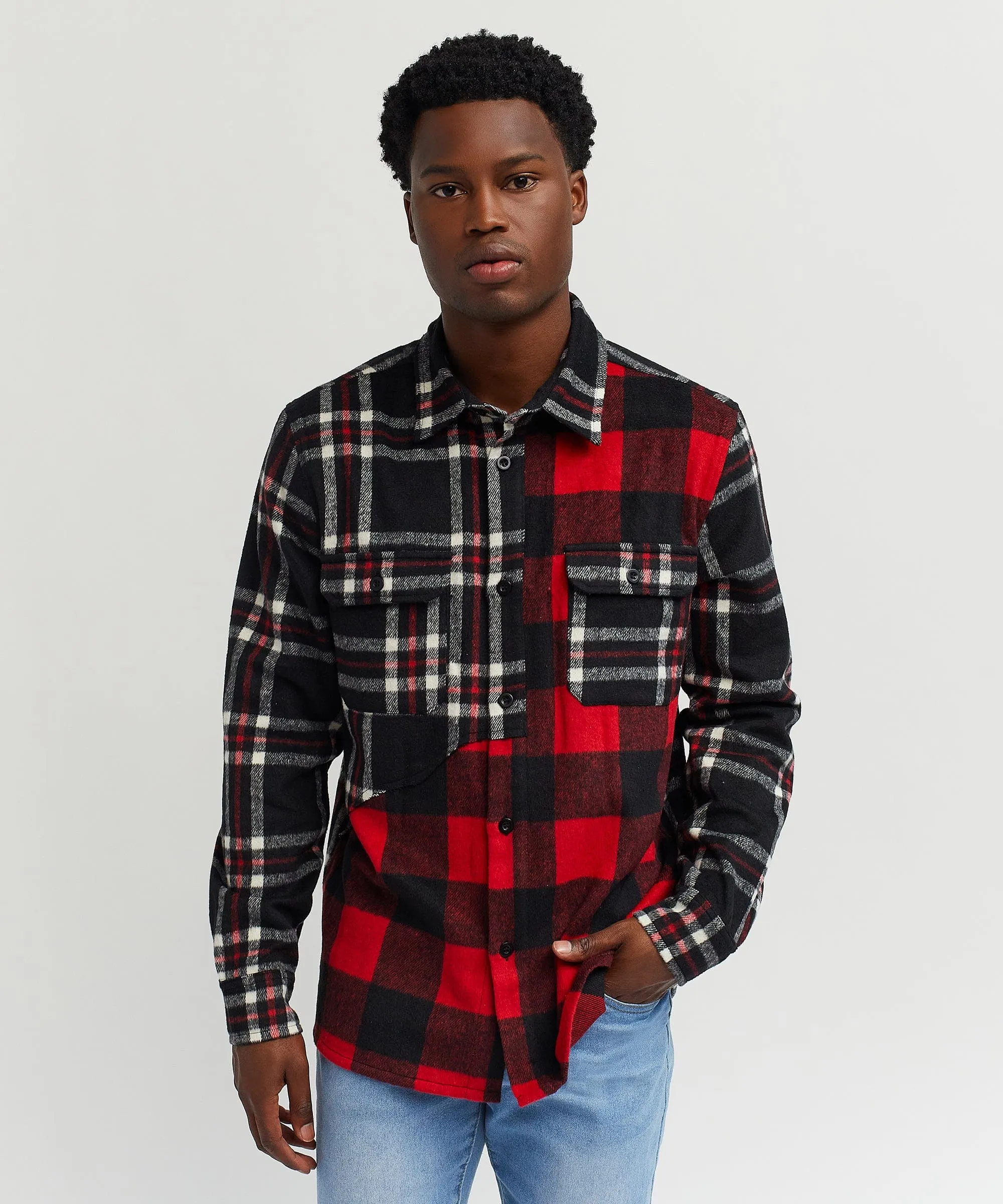 Spliced Checkered Color Blocked Overshirt - Black&Red