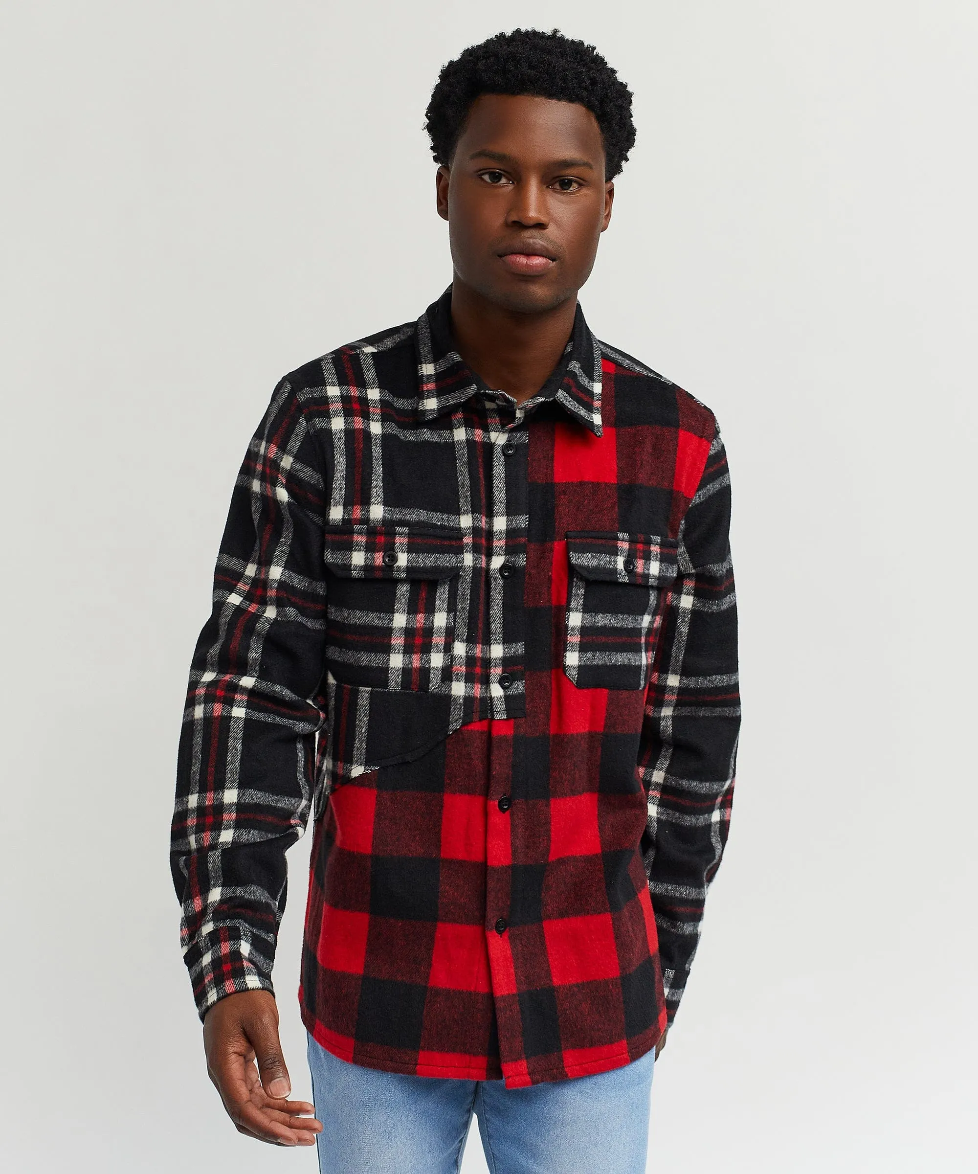 Spliced Checkered Color Blocked Overshirt - Black&Red